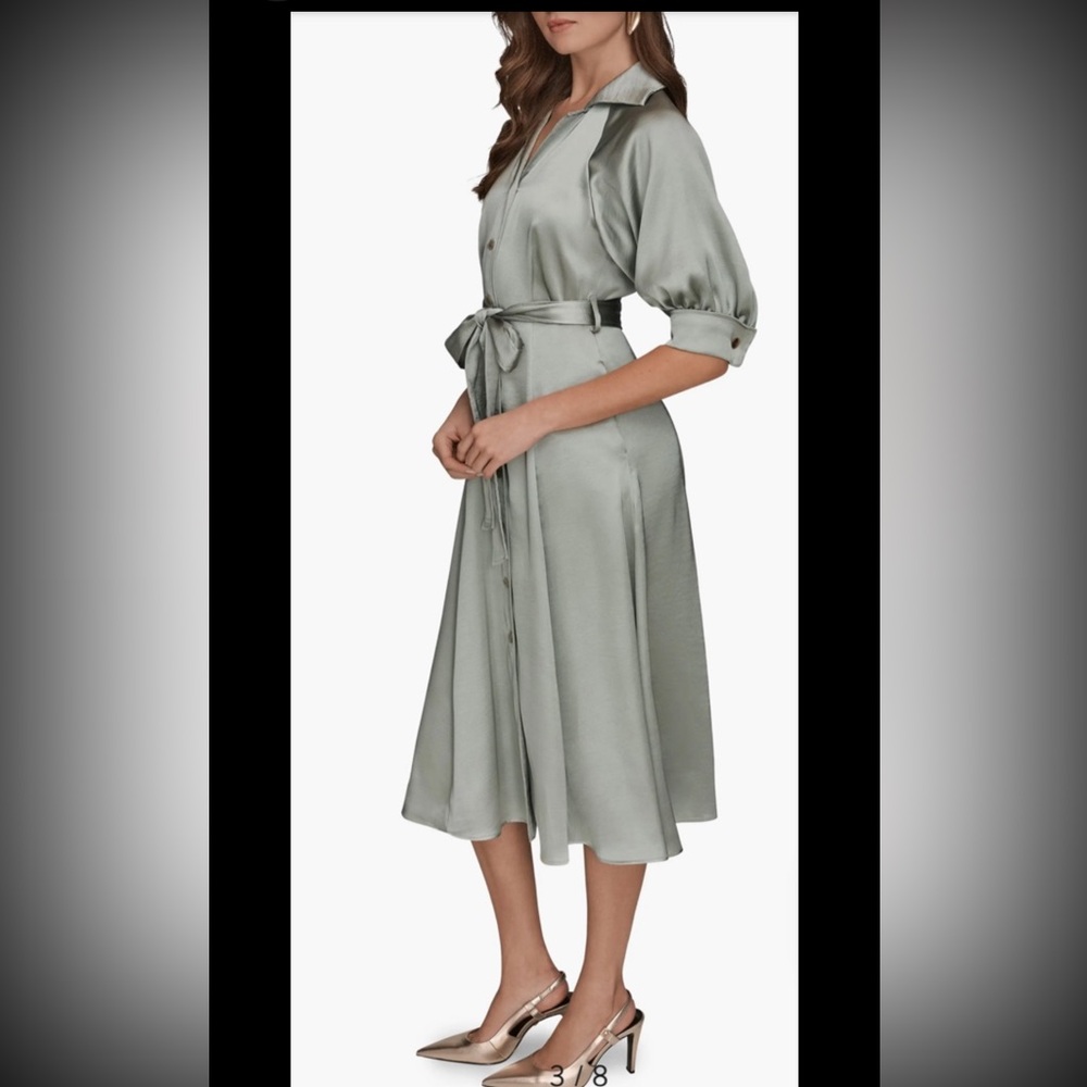 Donna Karan Satin Midi,belted Shirt Dress, Sz 10,New , Weathered Sage - Picture 3 of 11